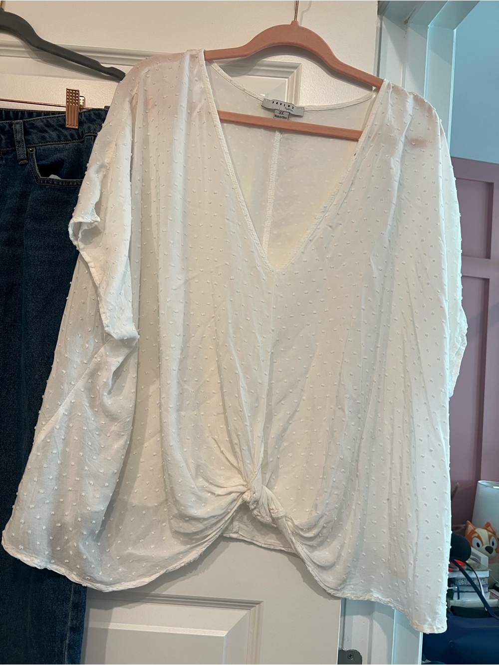 FAVLUX White Swiss Dot V-Neck Front-Knot Blouse